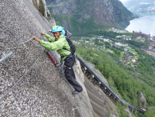 Nikki is getting close to the top of Tysso via ferrata