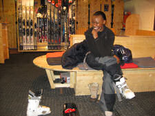 Nikki renting skis in Verbier